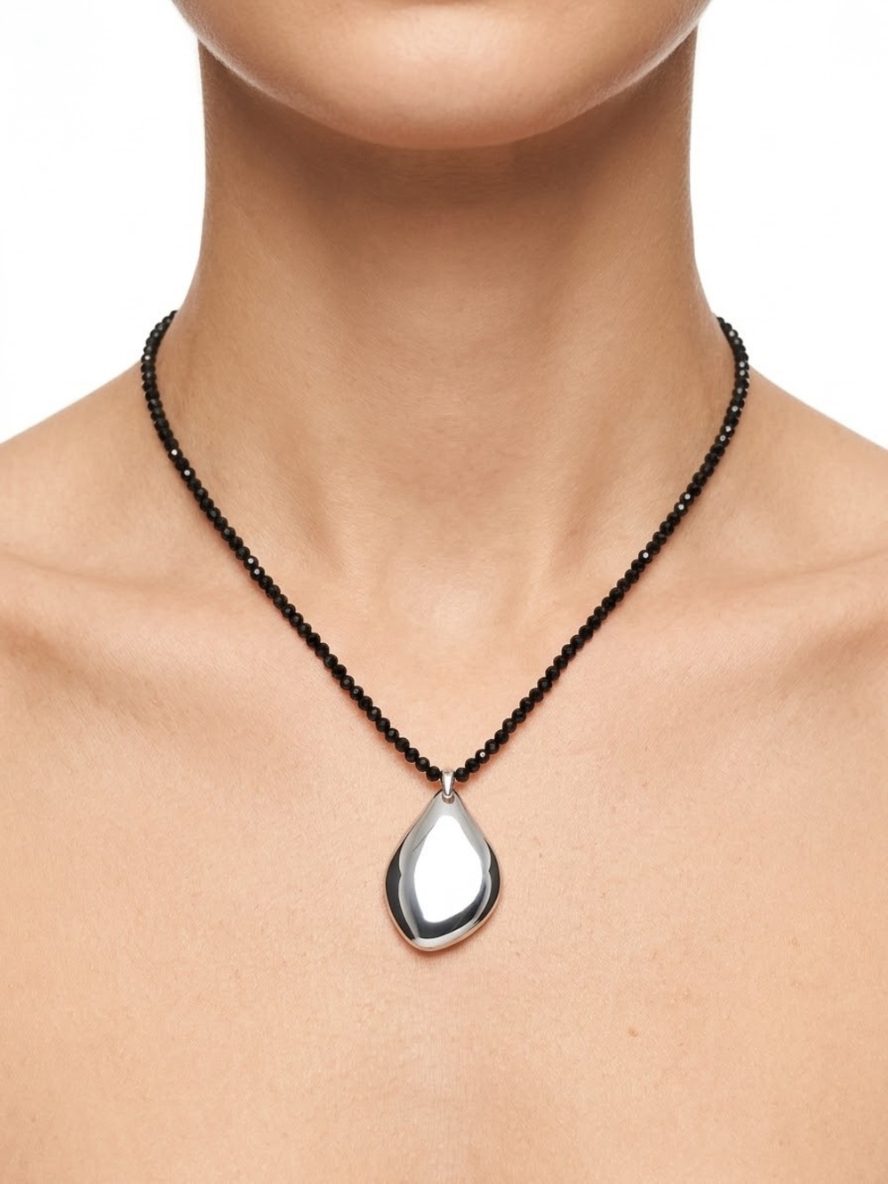Stella And Dot Polished Silver Teardrop Pendant Necklace with Black Bead Chain